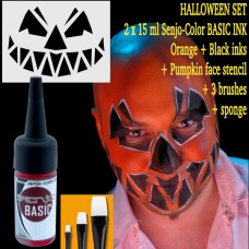 Senjo Airbrush Bodyart Halloween set: Pumpkin stencil, 2 x 15 ml BASIC INKs (Orange + Black) 3 brushes, sponge, T002258